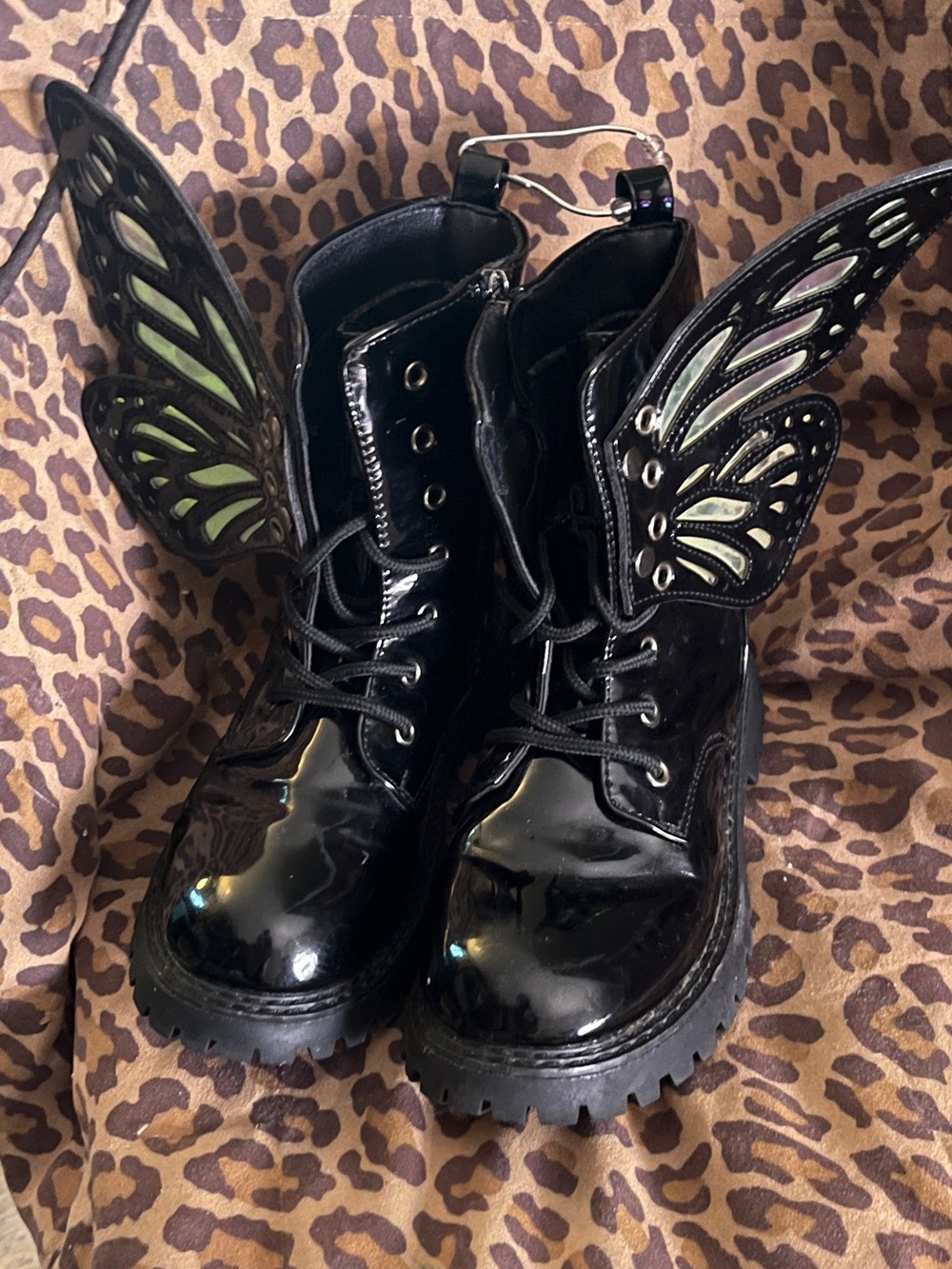 Black Patent Butterfly Wing lace-up zip Combat Boots